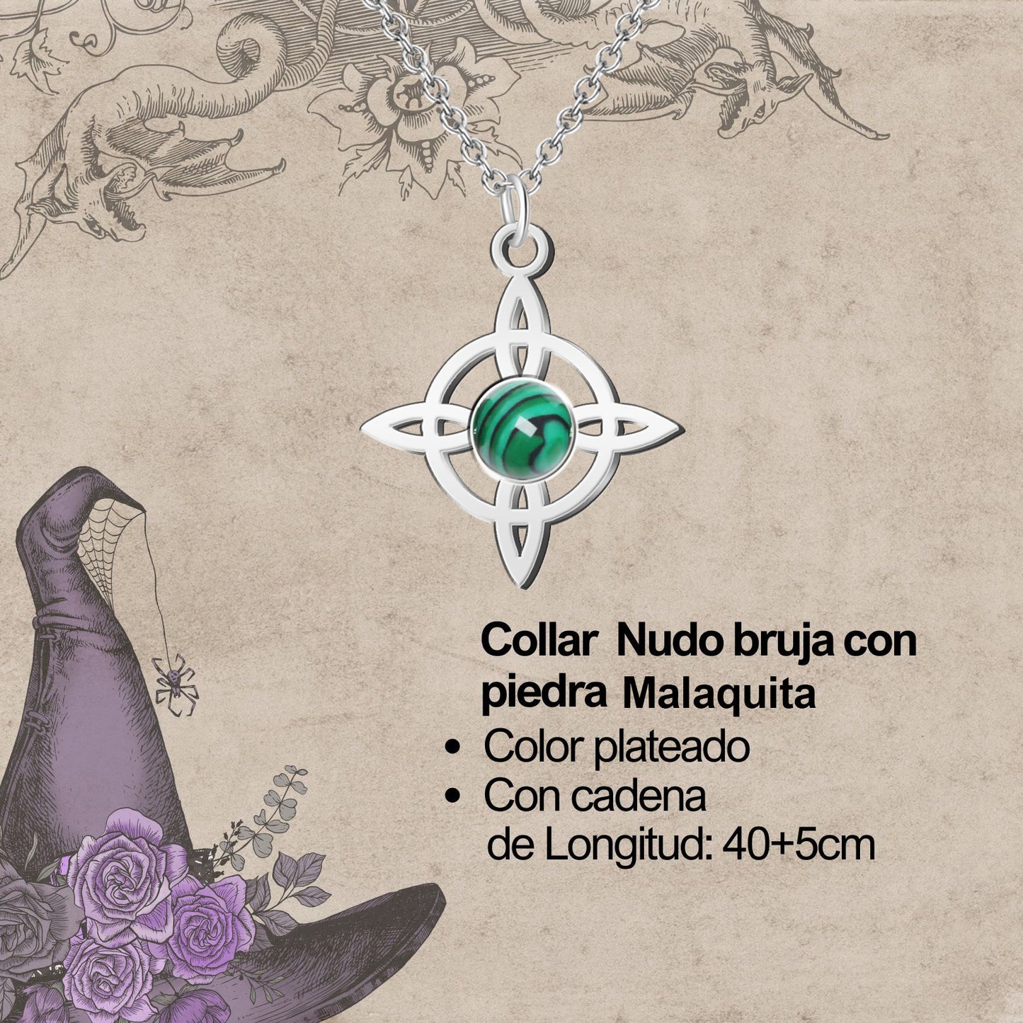 Colgante Nudo bruja Acero con Malaquita