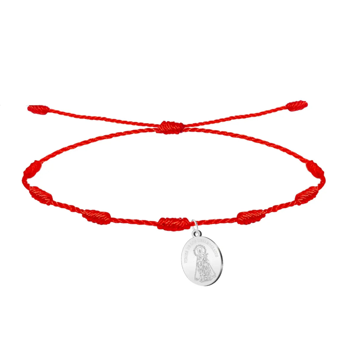 Pulsera de hilo rojo 7 nudos con medalla ovalada grabada de la Virgen de los Desamparados en acero plateado