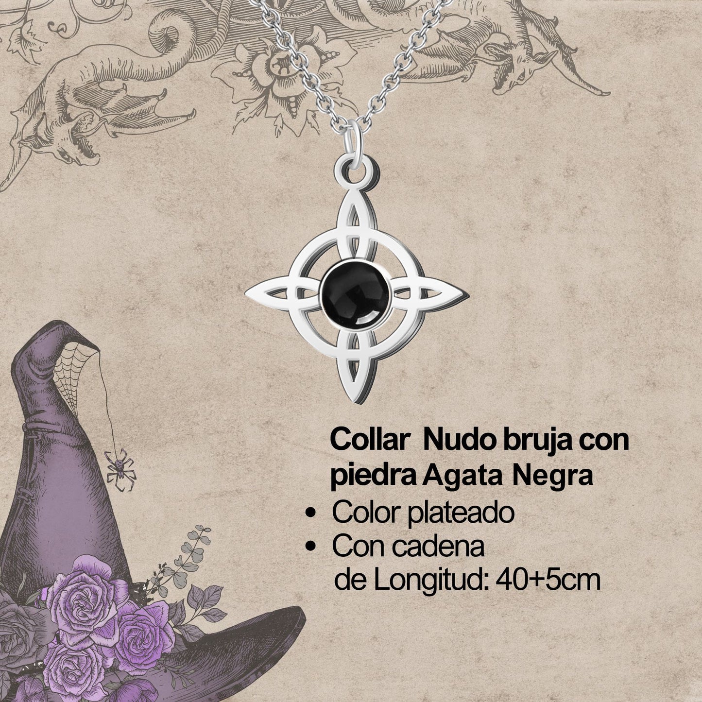 Colgante Nudo bruja Acero con Agata negra