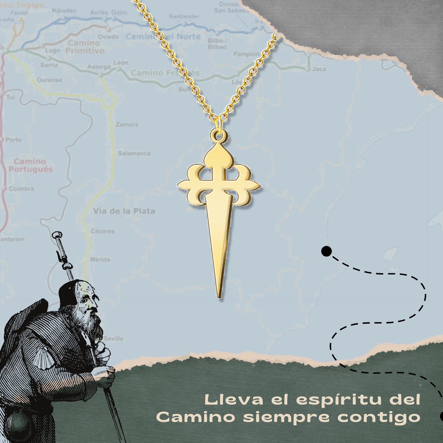 Collar del Camino de Santiago - Conchas de Santiago, recuerdos ruta del peregrino, cruz de santiago, joyas mujer + regalo una pulsera de 7 nudos.