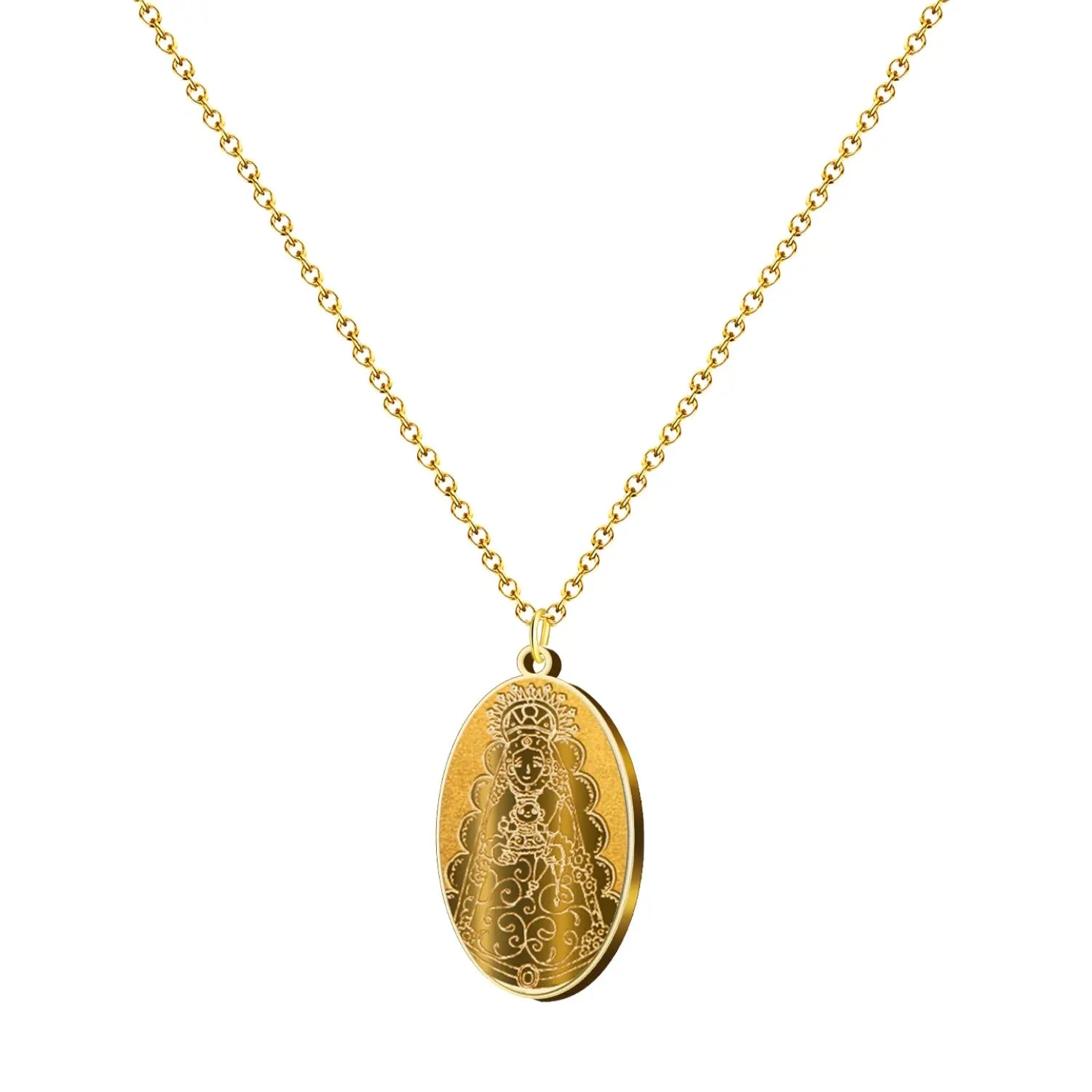 Collar con medalla ovalada de la Virgen del Rocío en acero dorado, grabado detallado de la silueta sin texto