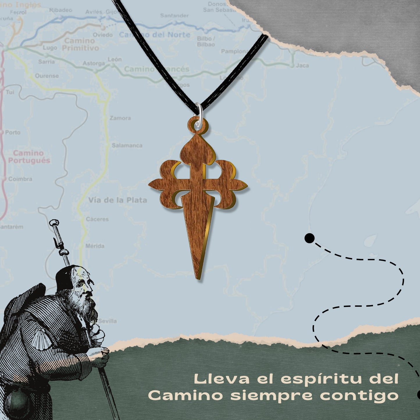 Collar del Camino de Santiago - Conchas de Santiago, recuerdos ruta del peregrino, cruz de santiago, joyas mujer + regalo una pulsera de 7 nudos.