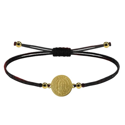 Pulsera de hilo negro encerado con medalla virgen de guadalupe acero dorado pulsera religiosa unisex elegante