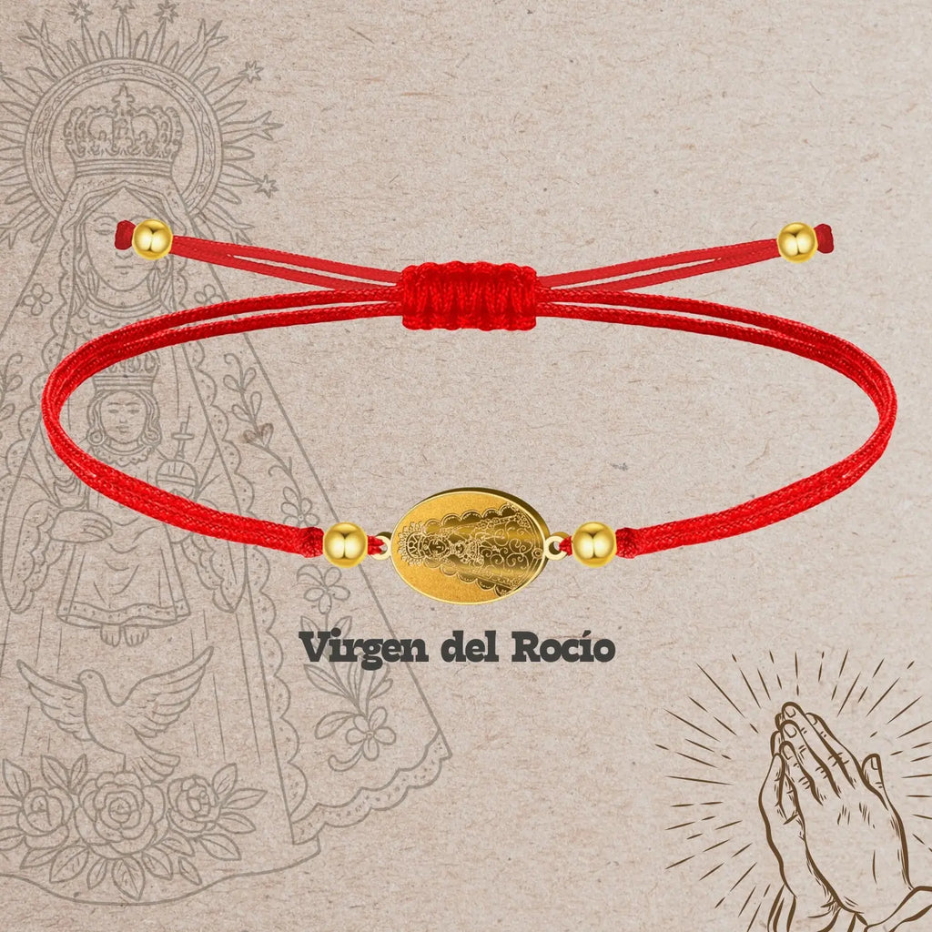 Pulsera Medalla de Virgen del Rocío con Hilo Rojo en Acero Dorado textura