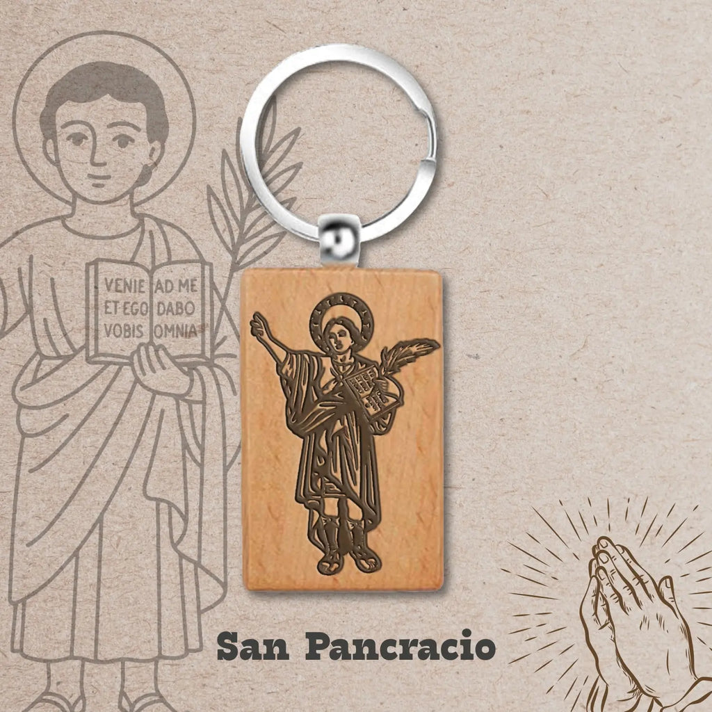 Llavero de San Pancracio en Madera Natural diseño