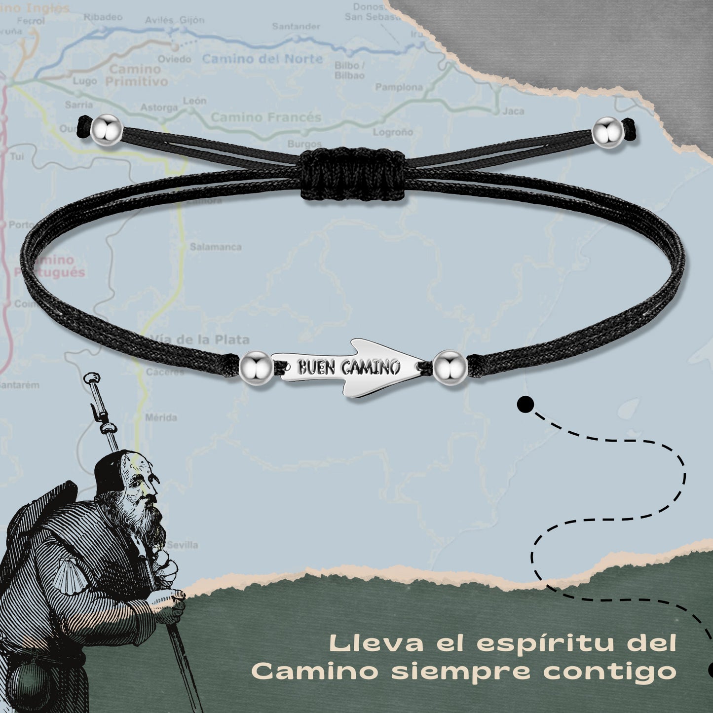 Pulsera del Camino de Santiago - Conchas de Santiago, recuerdos ruta del peregrino, cruz de santiago, joyas mujer + regalo una pulsera de 7 nudos.
