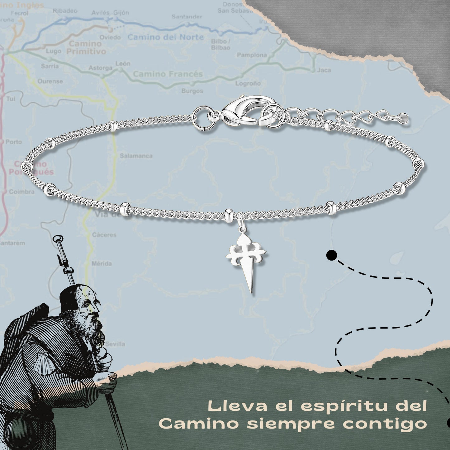 Pulsera del Camino de Santiago - Conchas de Santiago, recuerdos ruta del peregrino, cruz de santiago, joyas mujer + regalo una pulsera de 7 nudos.