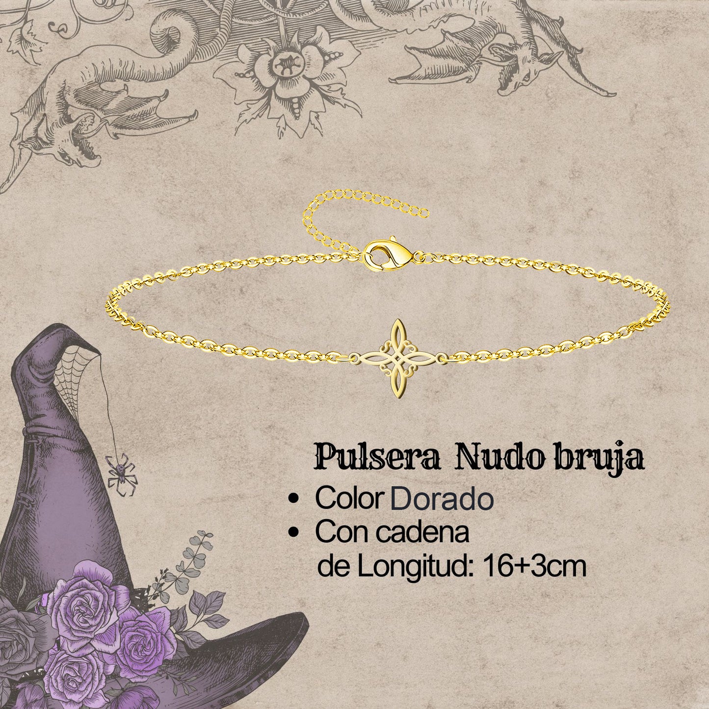 Pulsera Nudo bruja Acero Inoxidable color Dorado