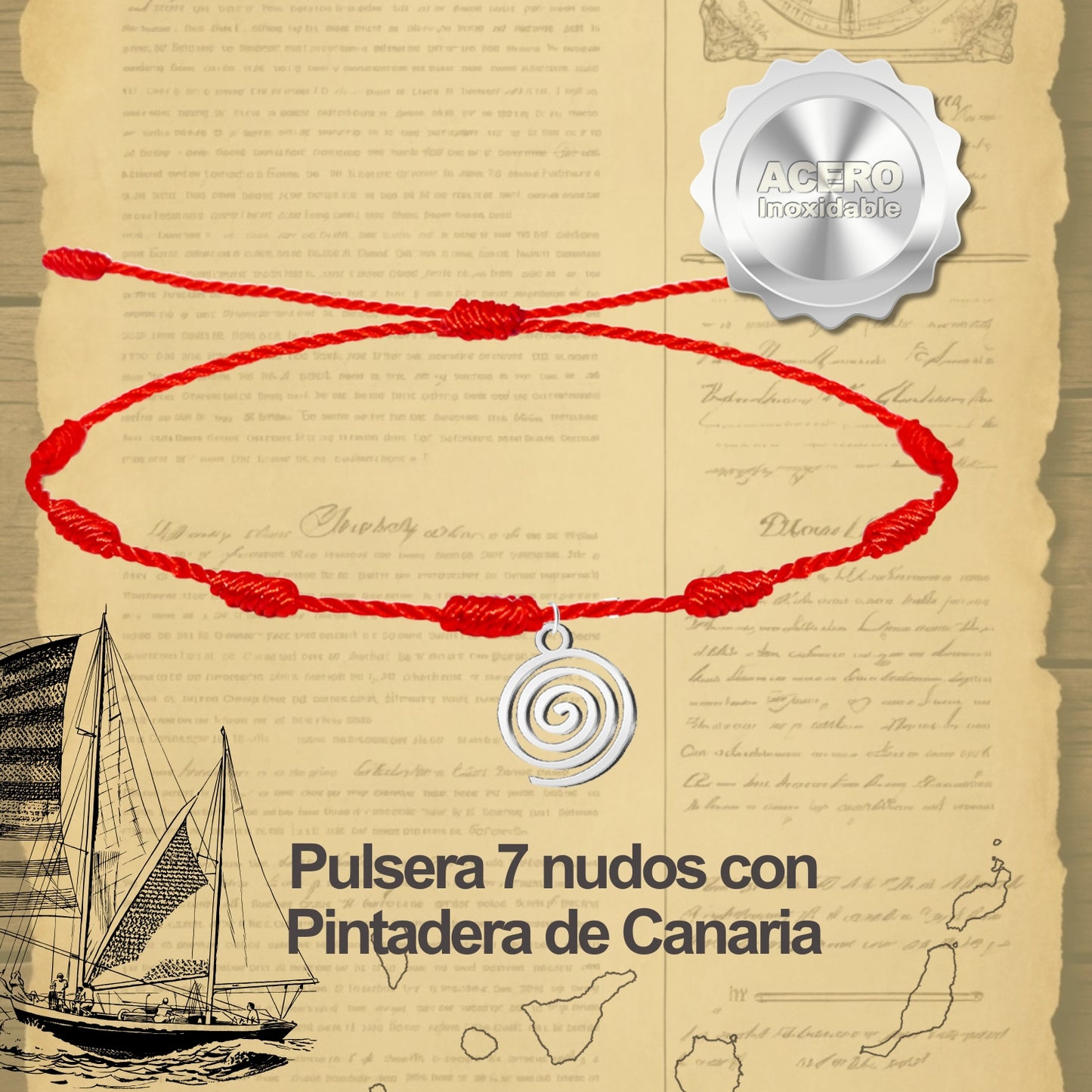 Pulsera 7 Nudos con  Pintadera Canarias Acero Plateado