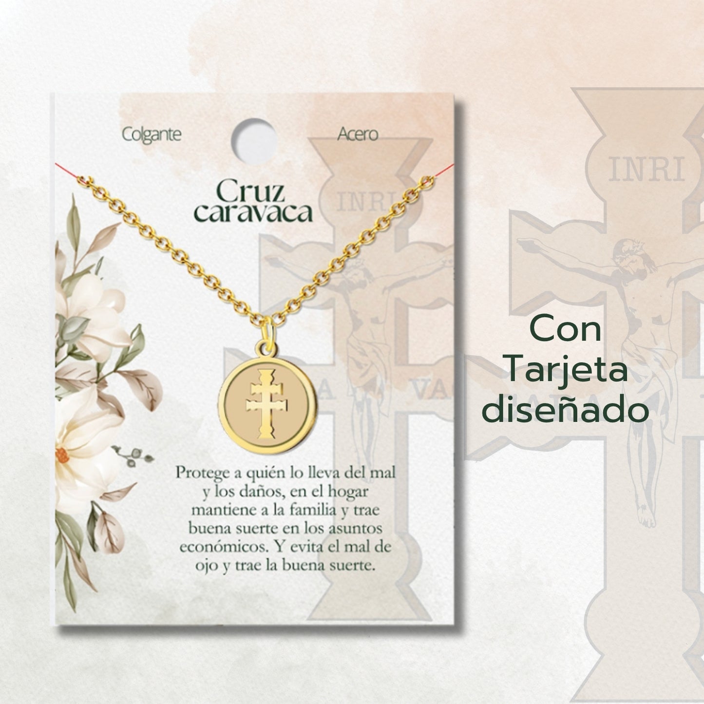 Collar Cruz Caravaca ✝️ | Hecho a mano en acero | Amuleto con tarjeta diseñada | Regalo con intención 💖