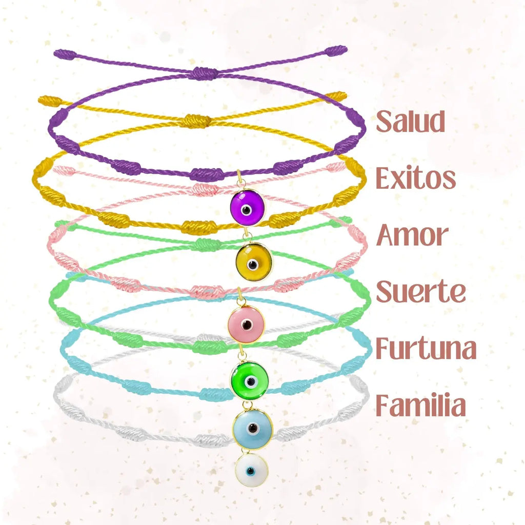✨6 Pulseras 7 Nudos con Ojo de Turco 🧿 Hecha a Mano 🌈 Varios Colores con Significado Especial 💫 Incluye Tarjeta Diseñada 🎁 Amuleto de Protección y Suerte 🍀 - cotigo