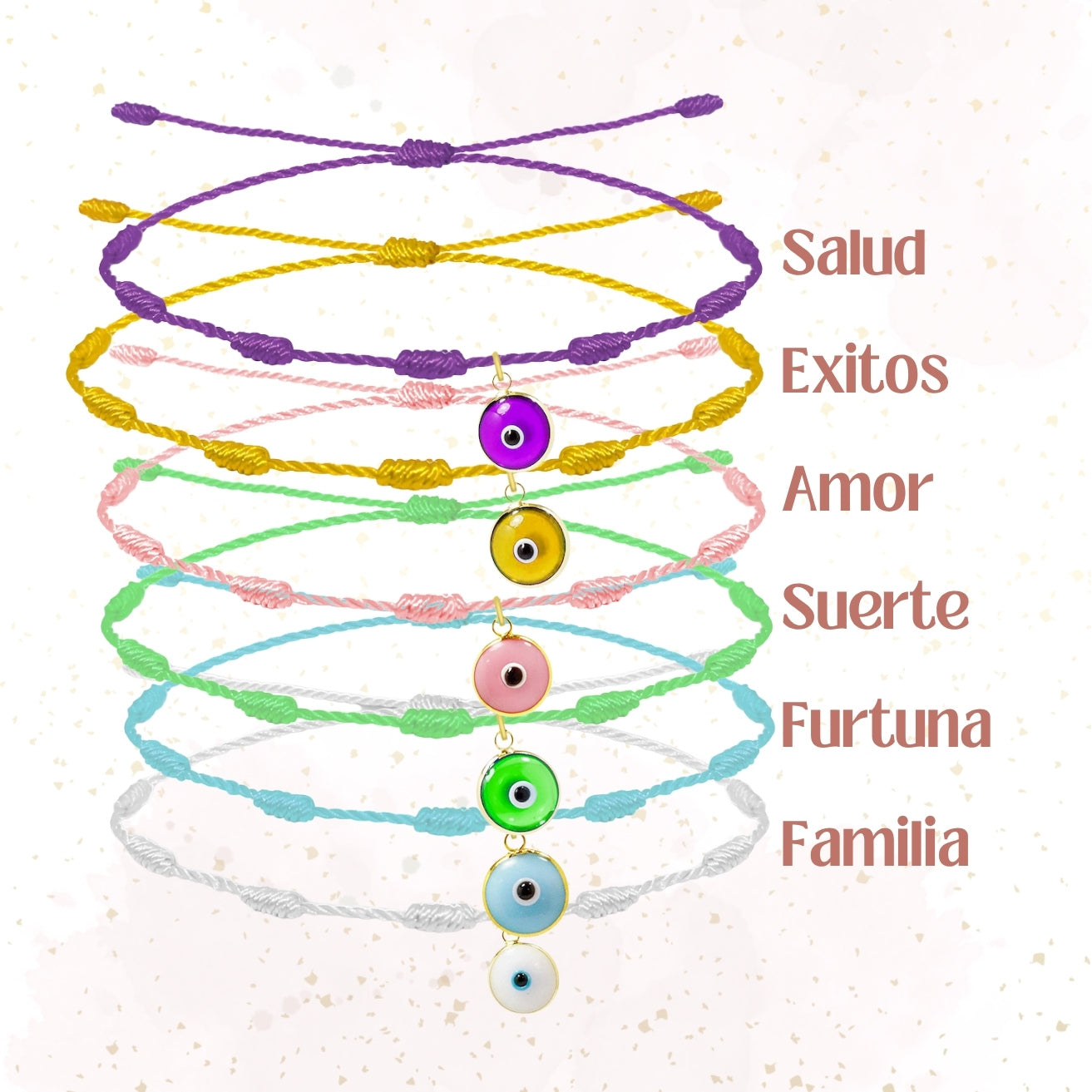 ✨6 Pulseras 7 Nudos con Ojo de Turco 🧿 Hecha a Mano 🌈 Varios Colores con Significado Especial 💫 Incluye Tarjeta Diseñada 🎁 Amuleto de Protección y Suerte 🍀