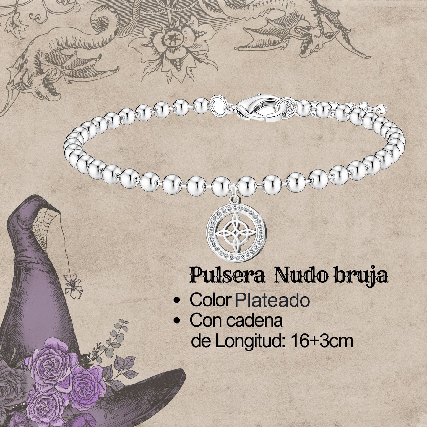 Pulsera Nudo bruja Acero Inoxidable color Plateado