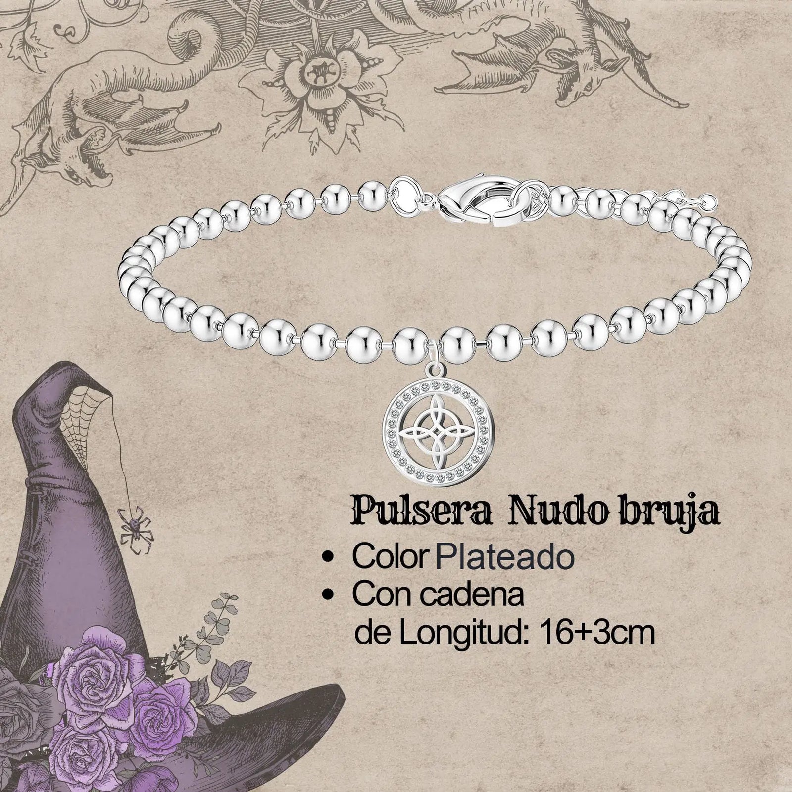 Pulsera Nudo de Bruja con Circonitas en Acero Plateado diseño