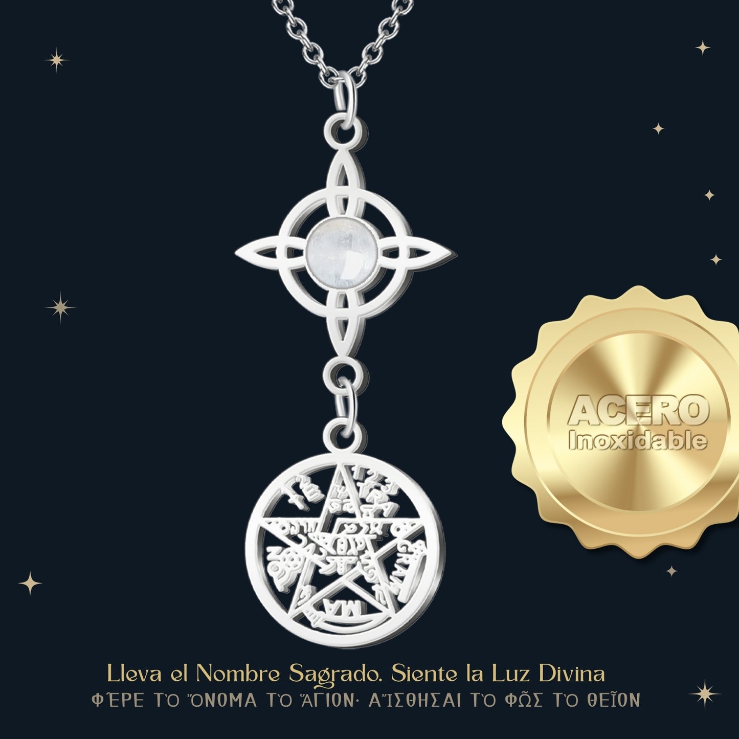 Colgante Tetragrammatón con Nudo de Bruja y Cuarzo Blanco – Amuleto de Protección, Luz y Energía Positiva en Acero Inoxidable