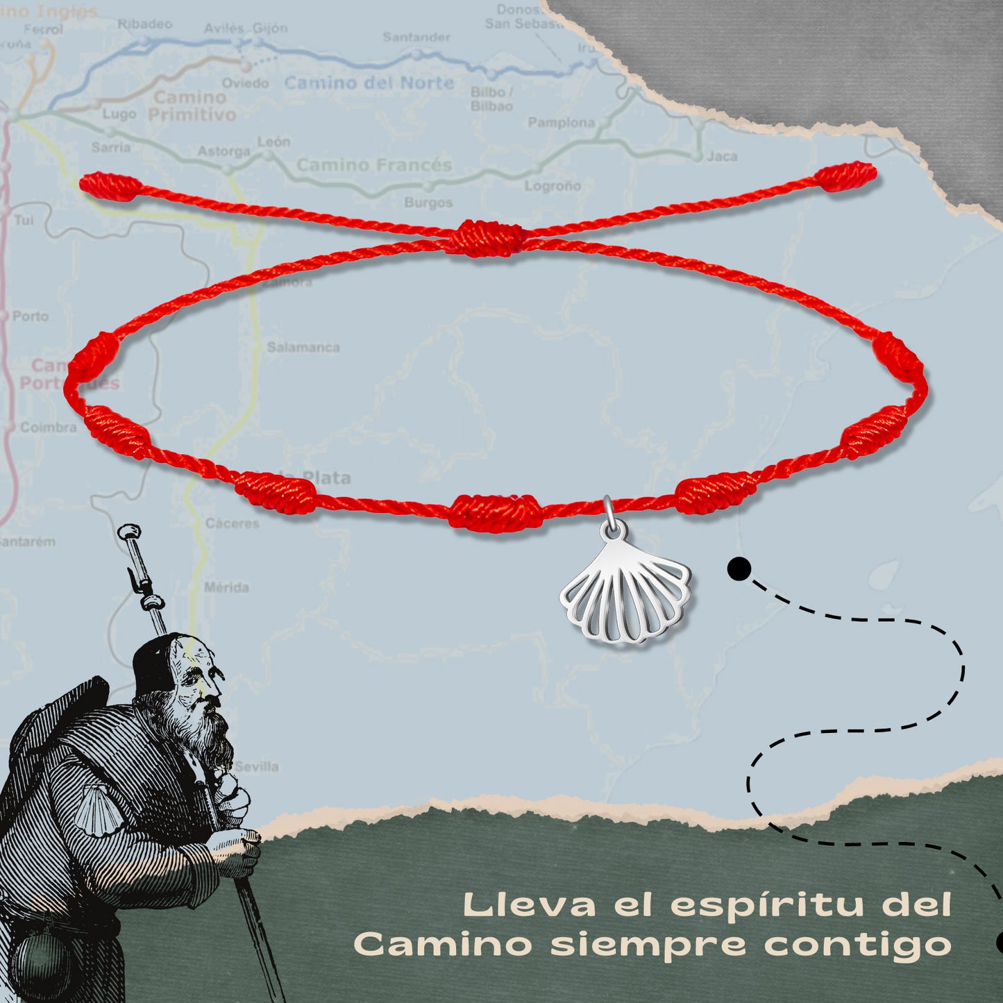 Pulsera del Camino de Santiago - Conchas de Santiago, recuerdos ruta del peregrino, cruz de santiago, joyas mujer + regalo una pulsera de 7 nudos.