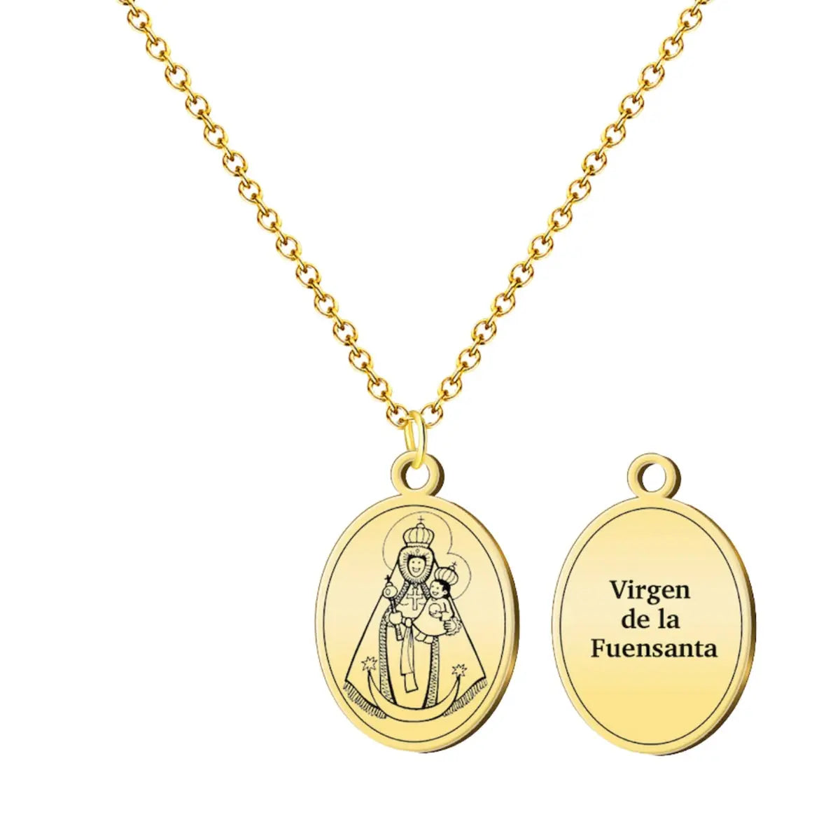Collar con medalla ovalada clásica de la Virgen de la Fuensanta en relieve, acero inoxidable dorado