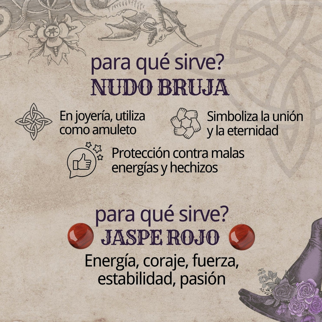 Colgante Nudo de Bruja con Jaspe Rojo en Acero Dorado cotigo