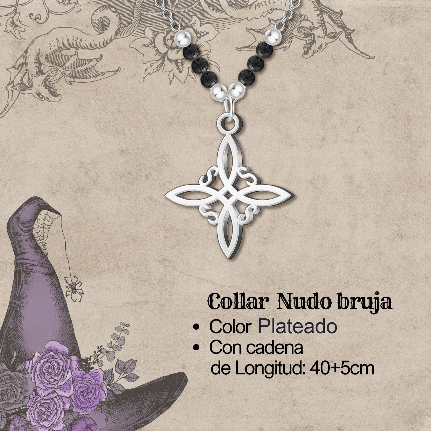 Collar Nudo de Bruja Acero Inoxidable con Piedra Volcánica - cotigo