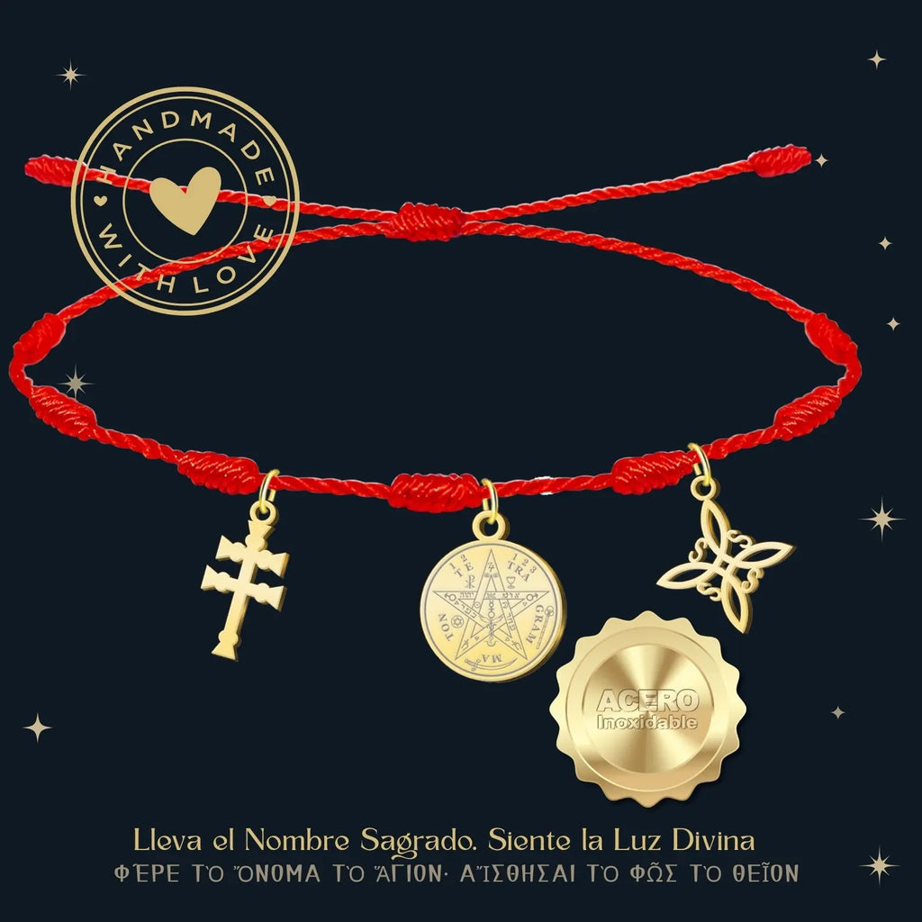 Pulsera 7 Nudos con Colgante Dorado: Tetragrammaton, Nudo de Bruja y Cruz de Caravaca - cotigo