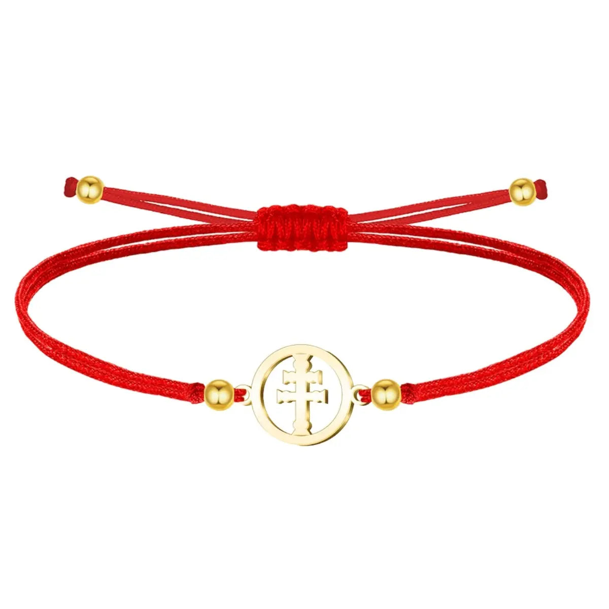 Pulsera de hilo rojo con medalla redonda de la Cruz de Caravaca en acero dorado, diseño calado con nudo corredizo y cuentas doradas