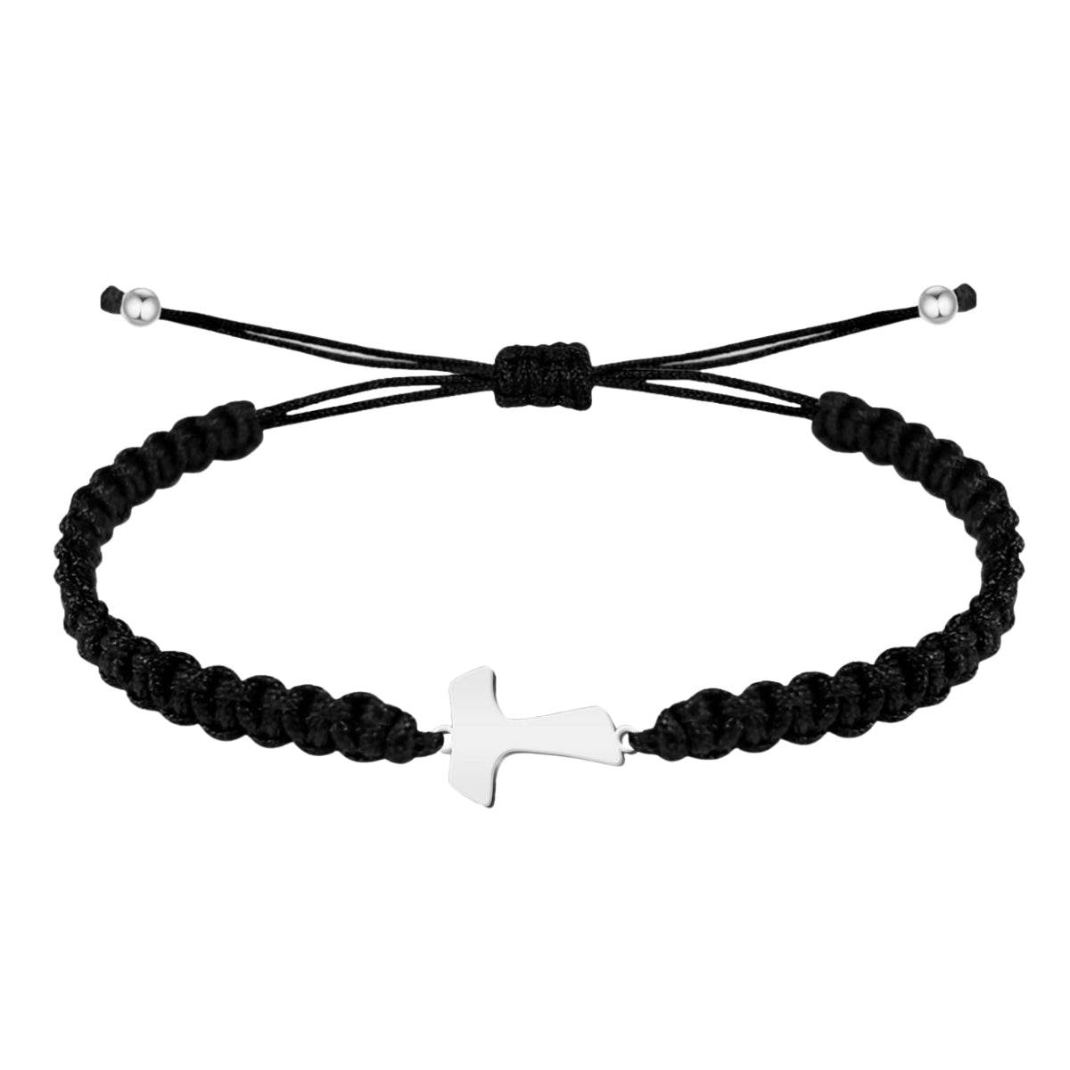 Pulsera de hilo negro trenzado con cruz Tau central en acero plateado y cierre ajustable con pequeñas esferas.