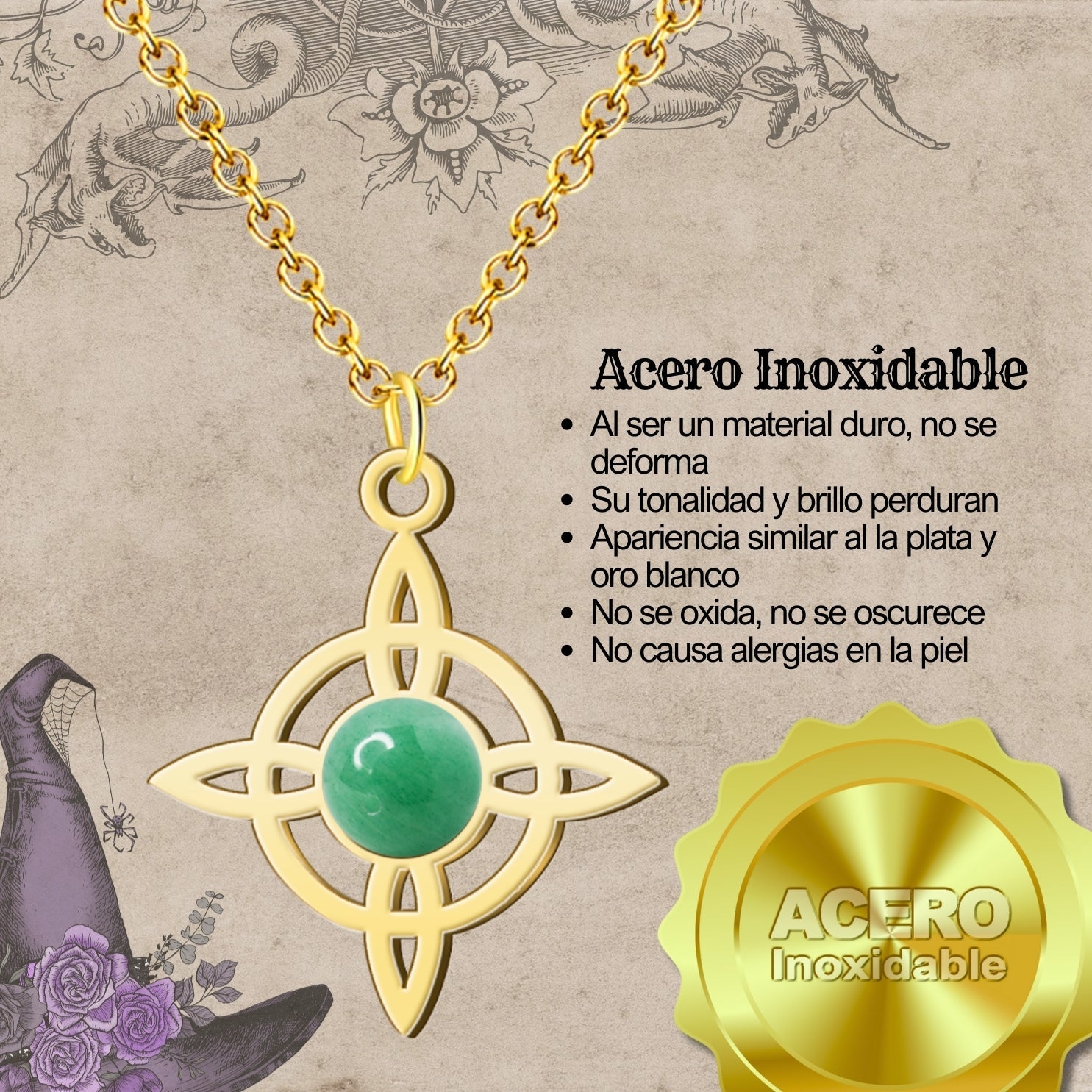 Colgante Nudo de Bruja con Aventurina Verde en Acero Dorado cotigo