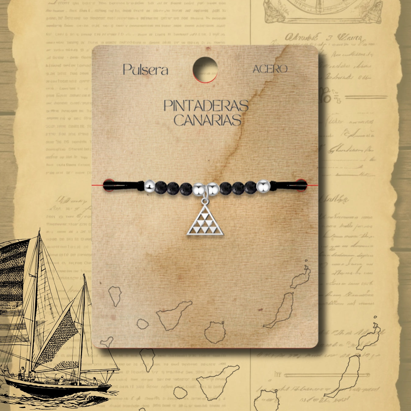 Pulsera Hilo Encerado con  Pintadera Canarias Acero Plateado