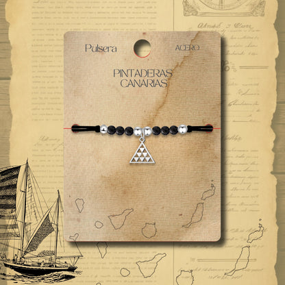 Pulsera Hilo Encerado con  Pintadera Canarias Acero Plateado