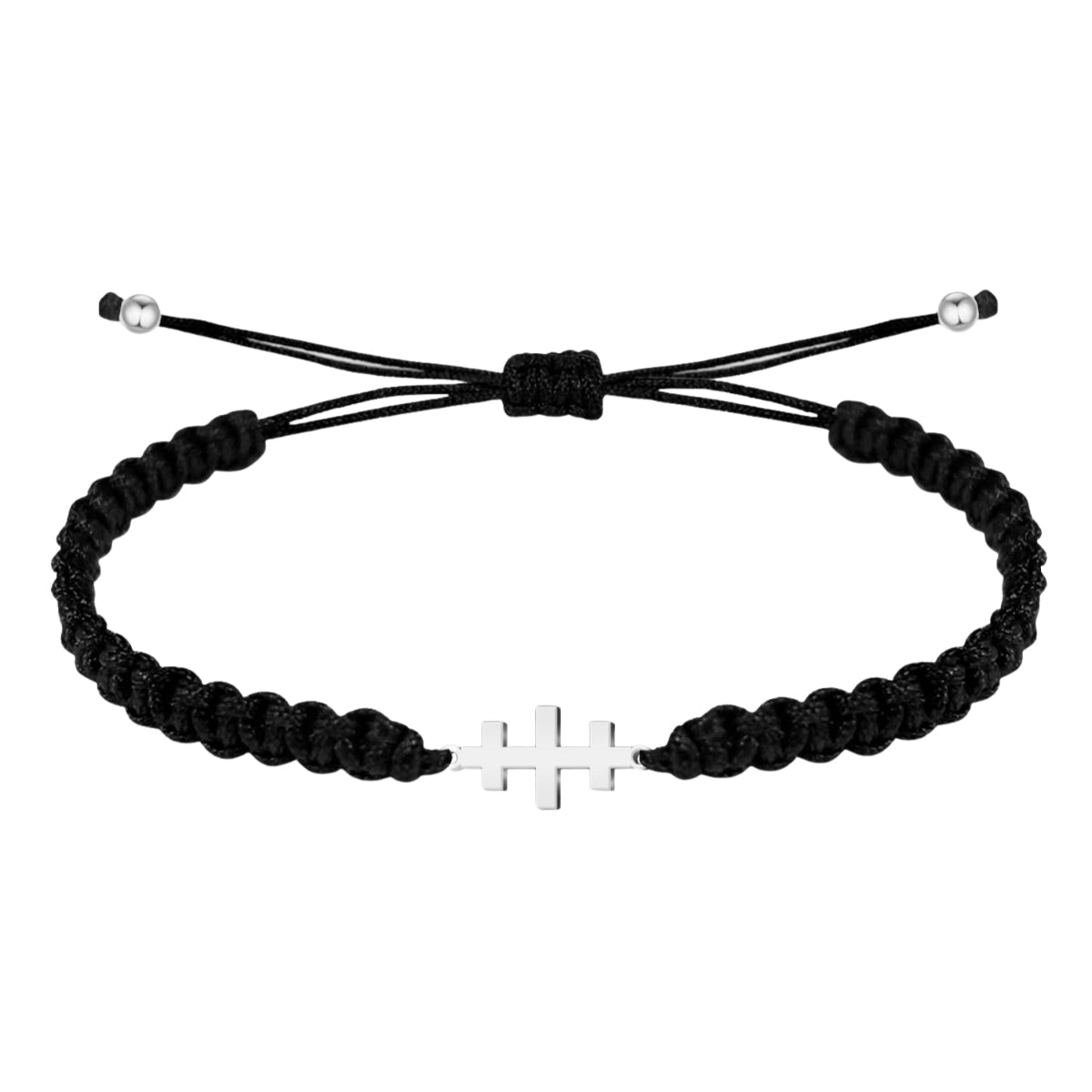 Pulsera de hilo negro trenzado con Cruz de las Catacumbas horizontal en acero plateado y nudo ajustable.