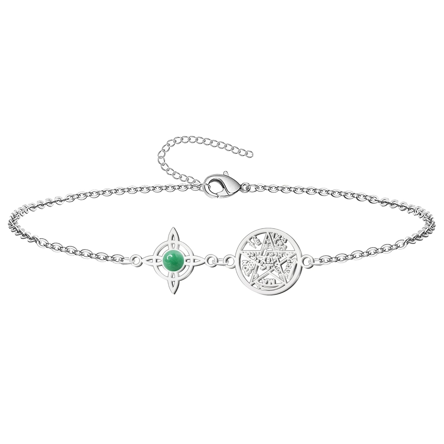 Colgante Tetragrammatón con Nudo de Bruja y Aventurina Verde – Amuleto de Suerte y Equilibrio en Acero Inoxidable