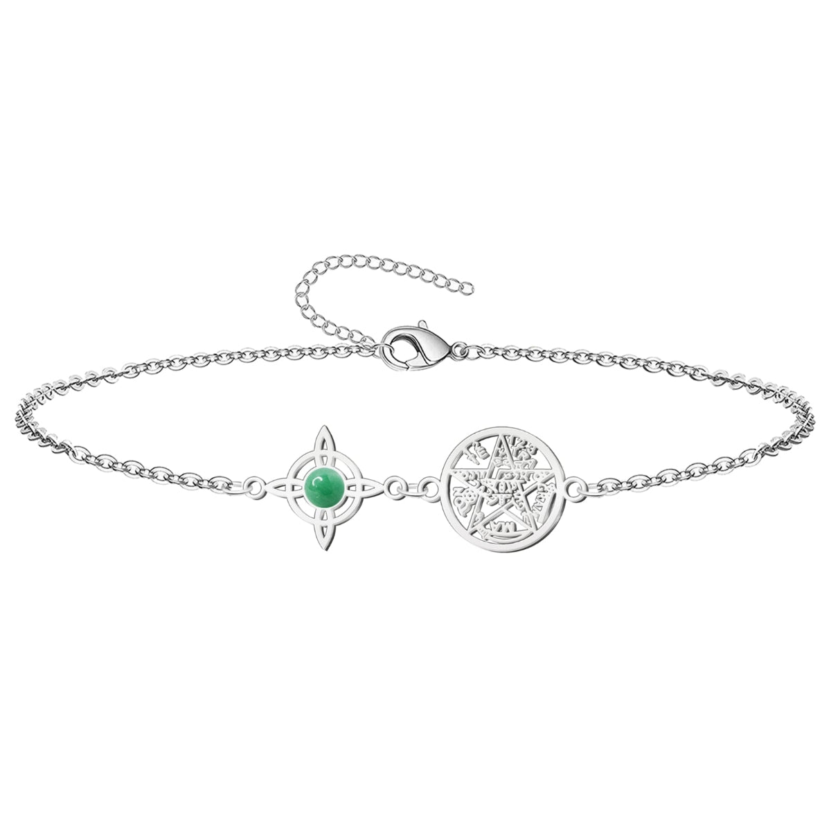 Atrae dinero y éxito. Pulsera de acero con Nudo de Bruja, Aventurina Verde y Tetragrammatón. El amuleto perfecto para la prosperidad y la protección.
