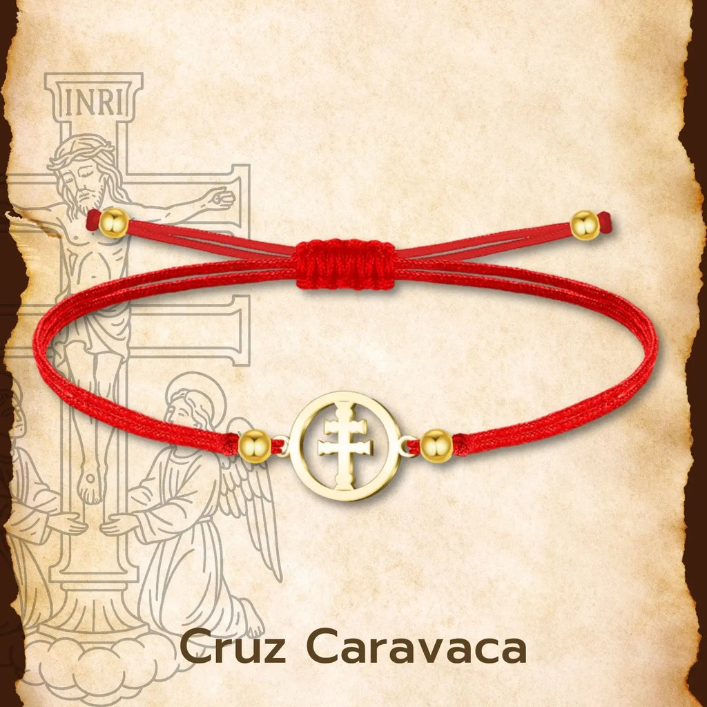 Pulsera Medalla Cruz de Caravaca con Hilo Rojo y Acero Dorado - cotigo