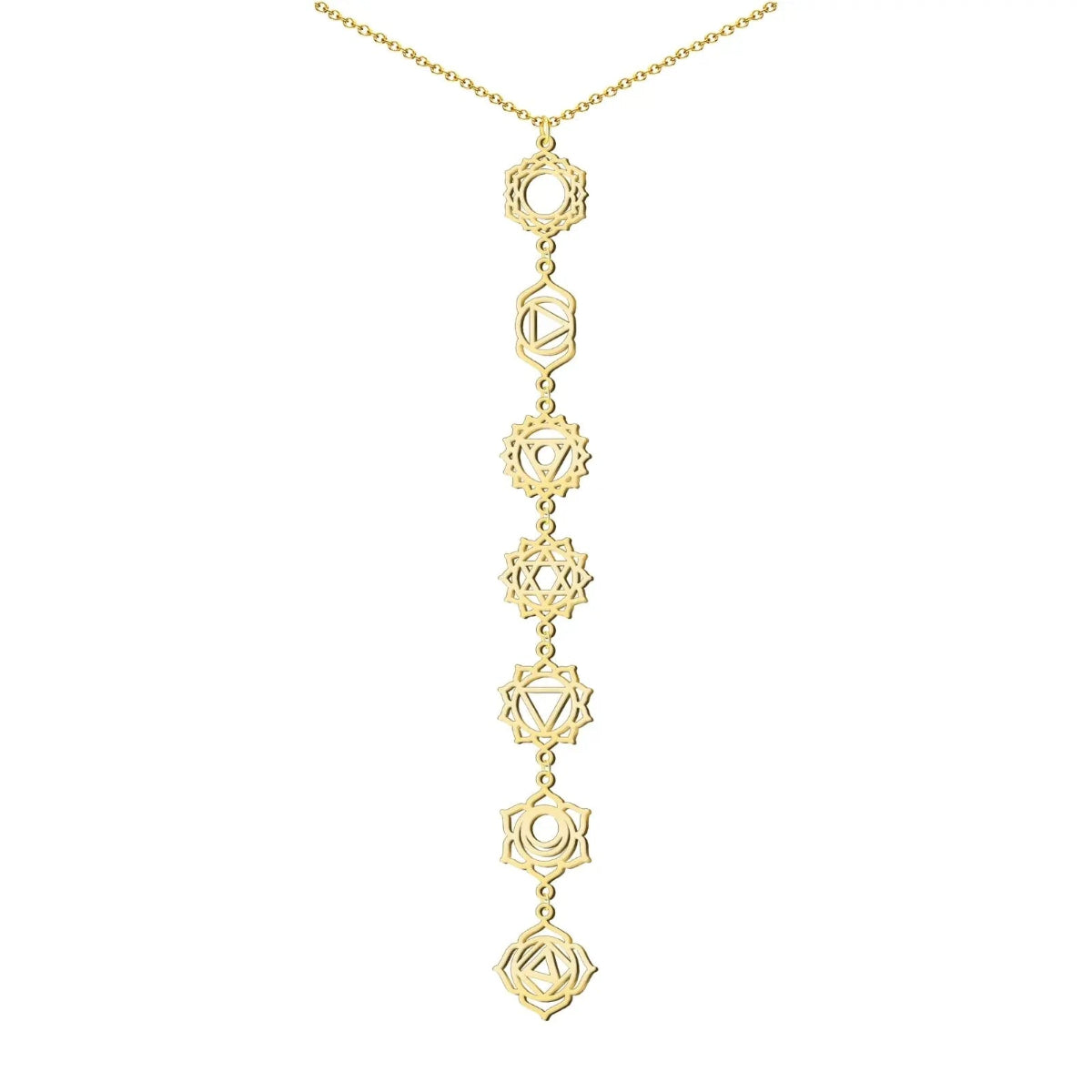 Collar largo de acero inoxidable dorado con los siete símbolos de los chakras calados en diseño vertical elegante.
