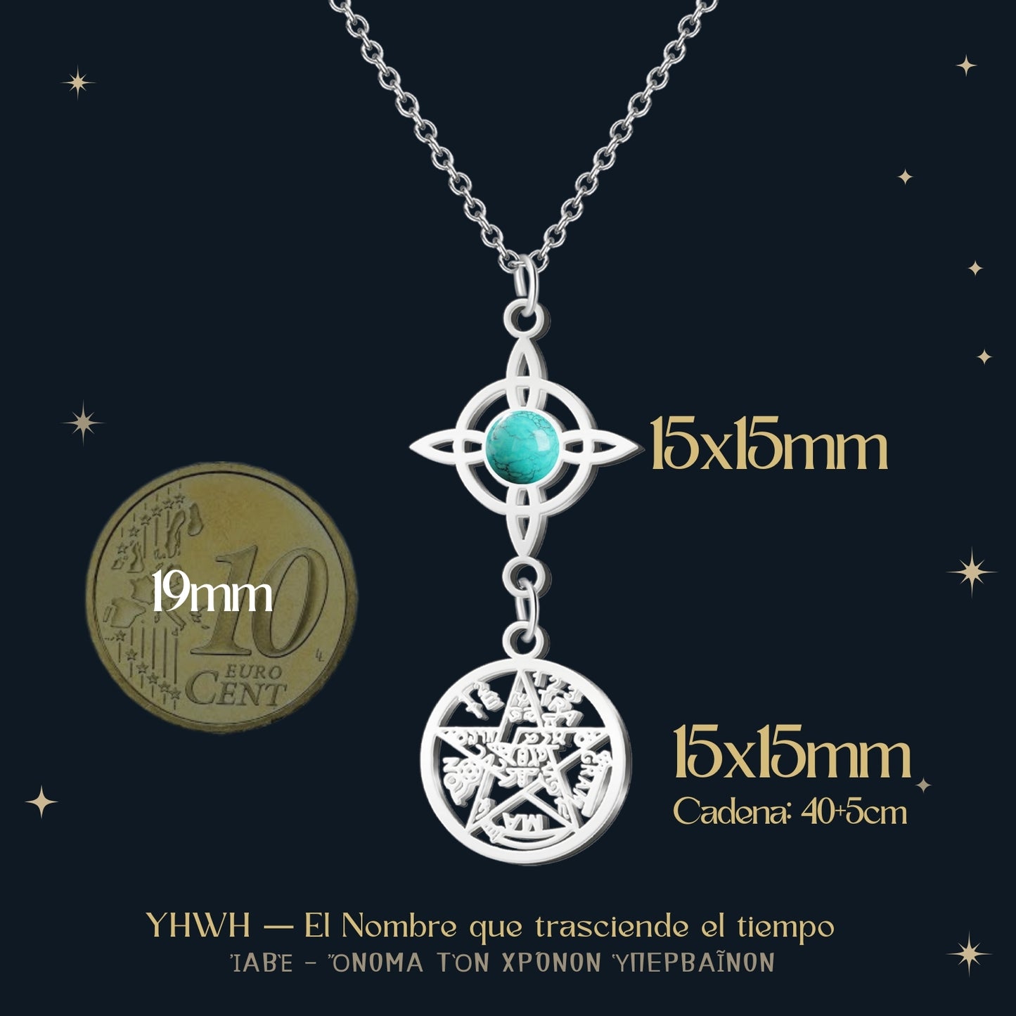 Colgante Tetragrammatón con Nudo de Bruja y Turquesa – Sanación, Protección y Bienestar en Acero Inoxidable