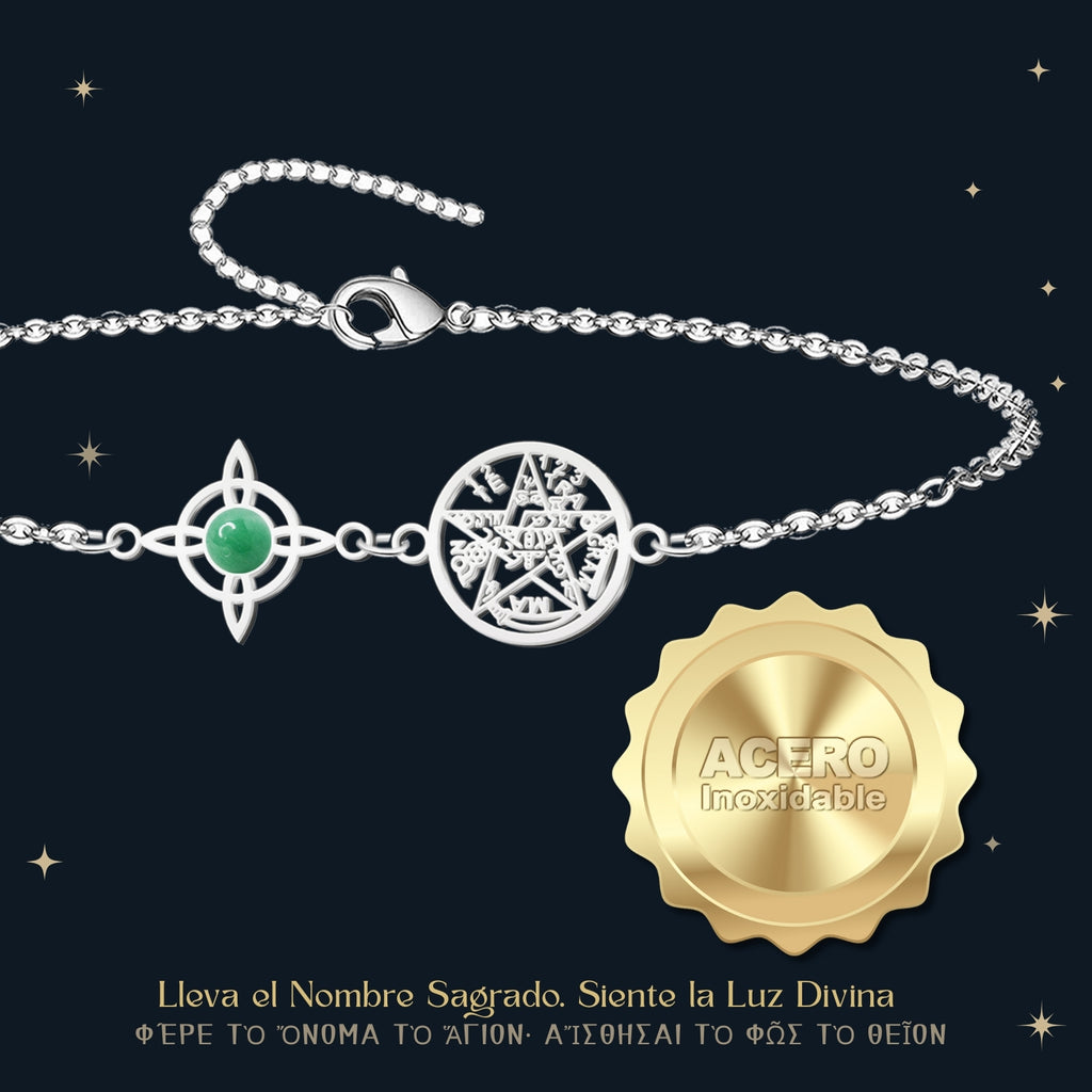 Pulsera Tetragrammaton y Nudo de Bruja con Aventurina Verde en Acero - cotigo