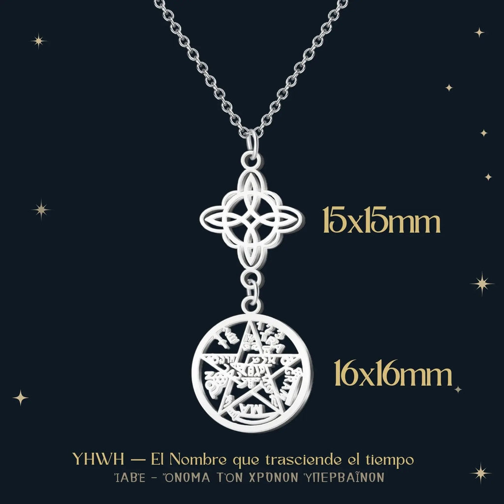 Colgante Calado en Acero Plateado con Nudo de Bruja y Tetragrammaton - cotigo