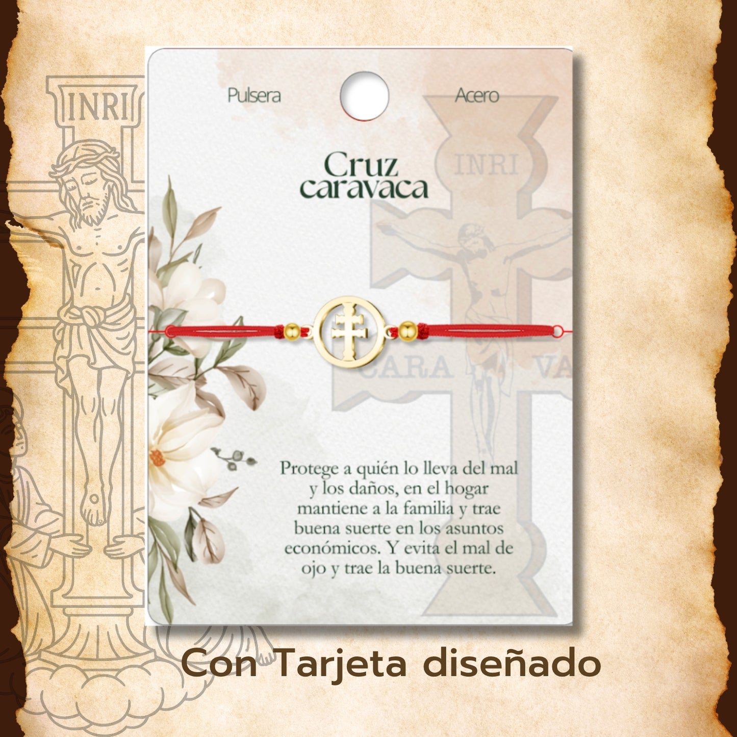 Pulsera Hilo encerado con Cruz Caravaca Acero Color Dorado