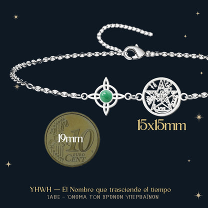 Colgante Tetragrammatón con Nudo de Bruja y Aventurina Verde – Amuleto de Suerte y Equilibrio en Acero Inoxidable