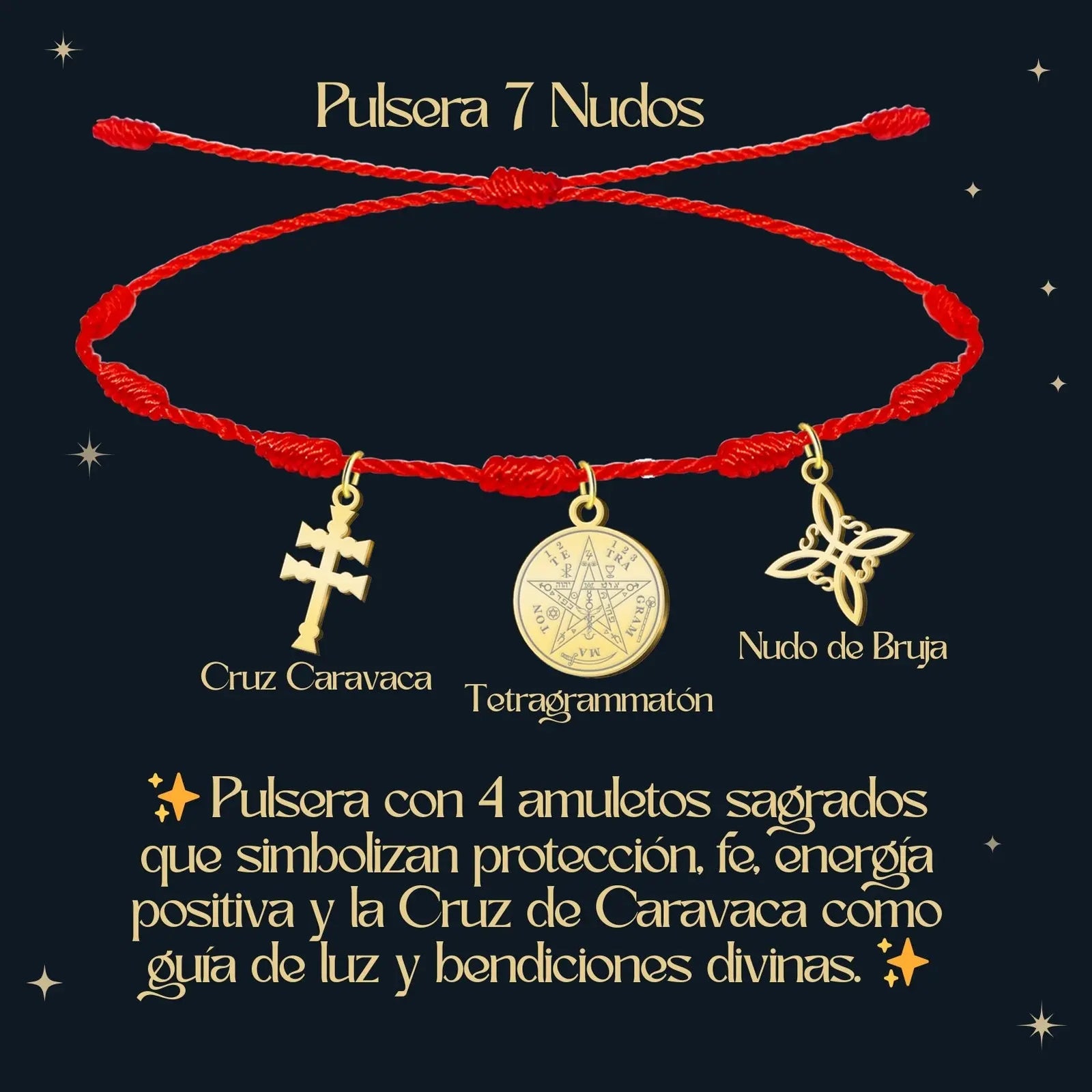 Pulsera 7 Nudos de Triple Protección: Nudo de Bruja, Tetragrámaton Y Cruz de Caravaca en Acero Dorado diseño