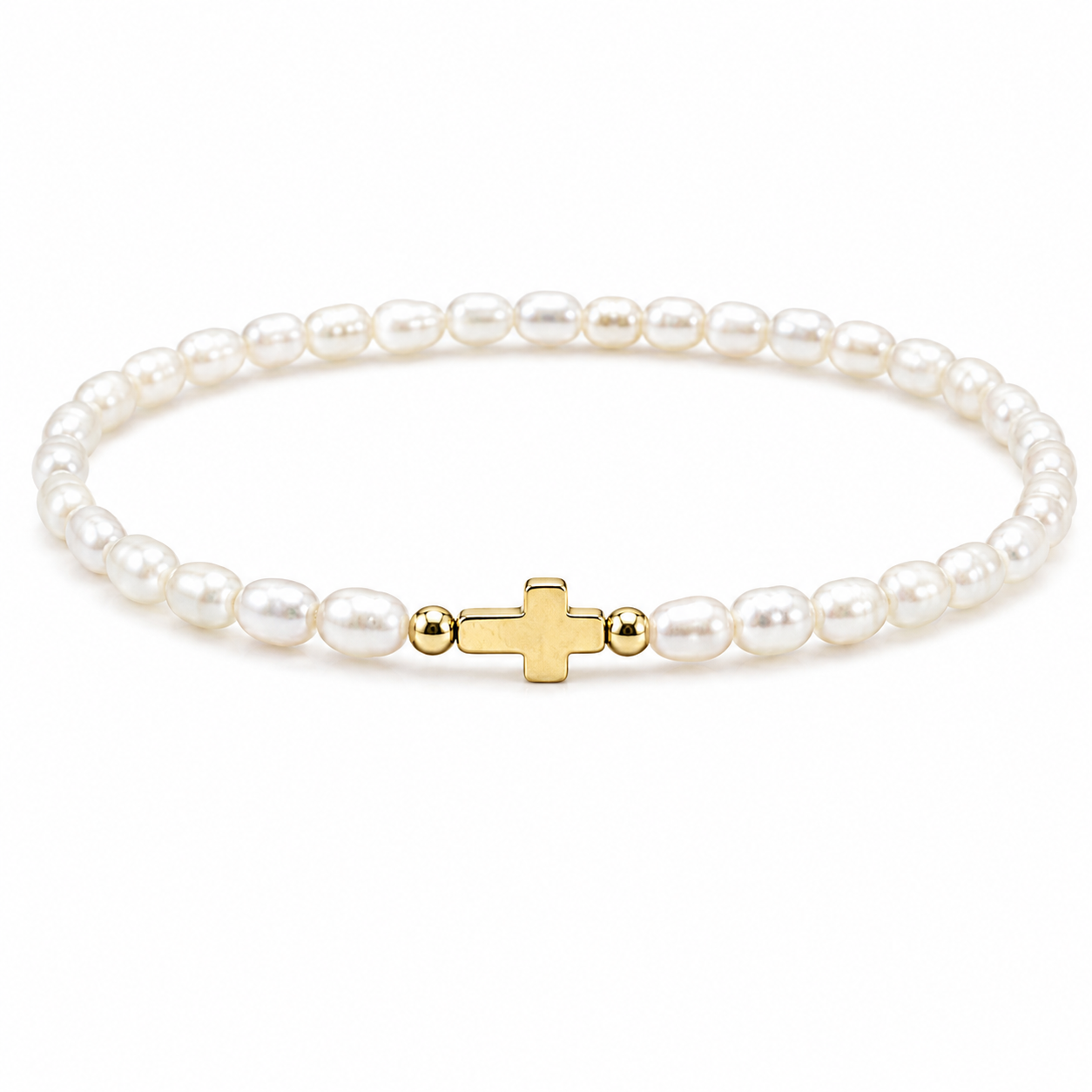 Pulsera Elástica con Cruz Dorada y Cuentas Efecto Perla