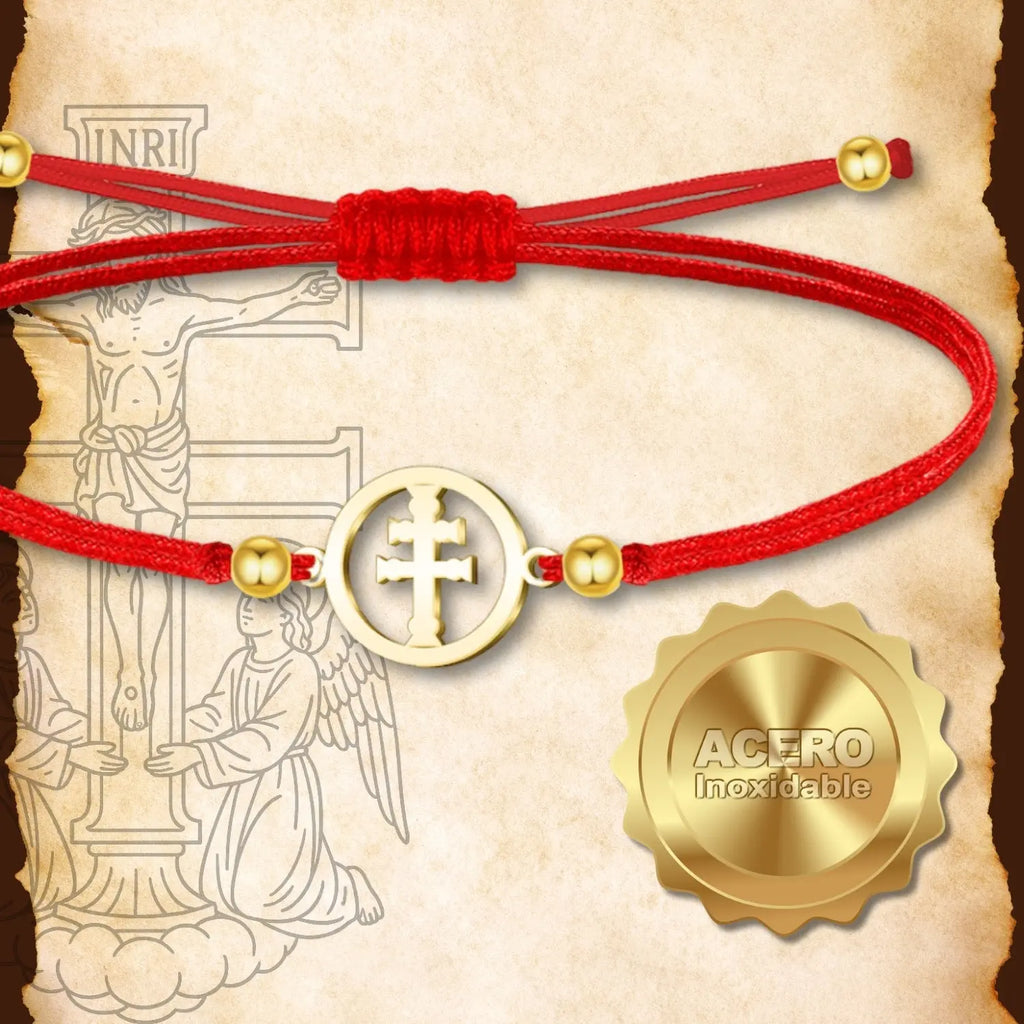 Pulsera Medalla Cruz de Caravaca con Hilo Rojo y Acero Dorado - cotigo