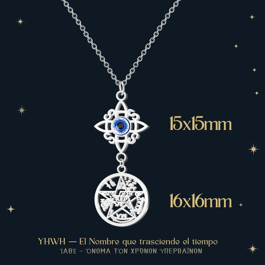 Colgante Tetragrammaton y Nudo de Bruja con Ojo Turco Acero Plateado - cotigo