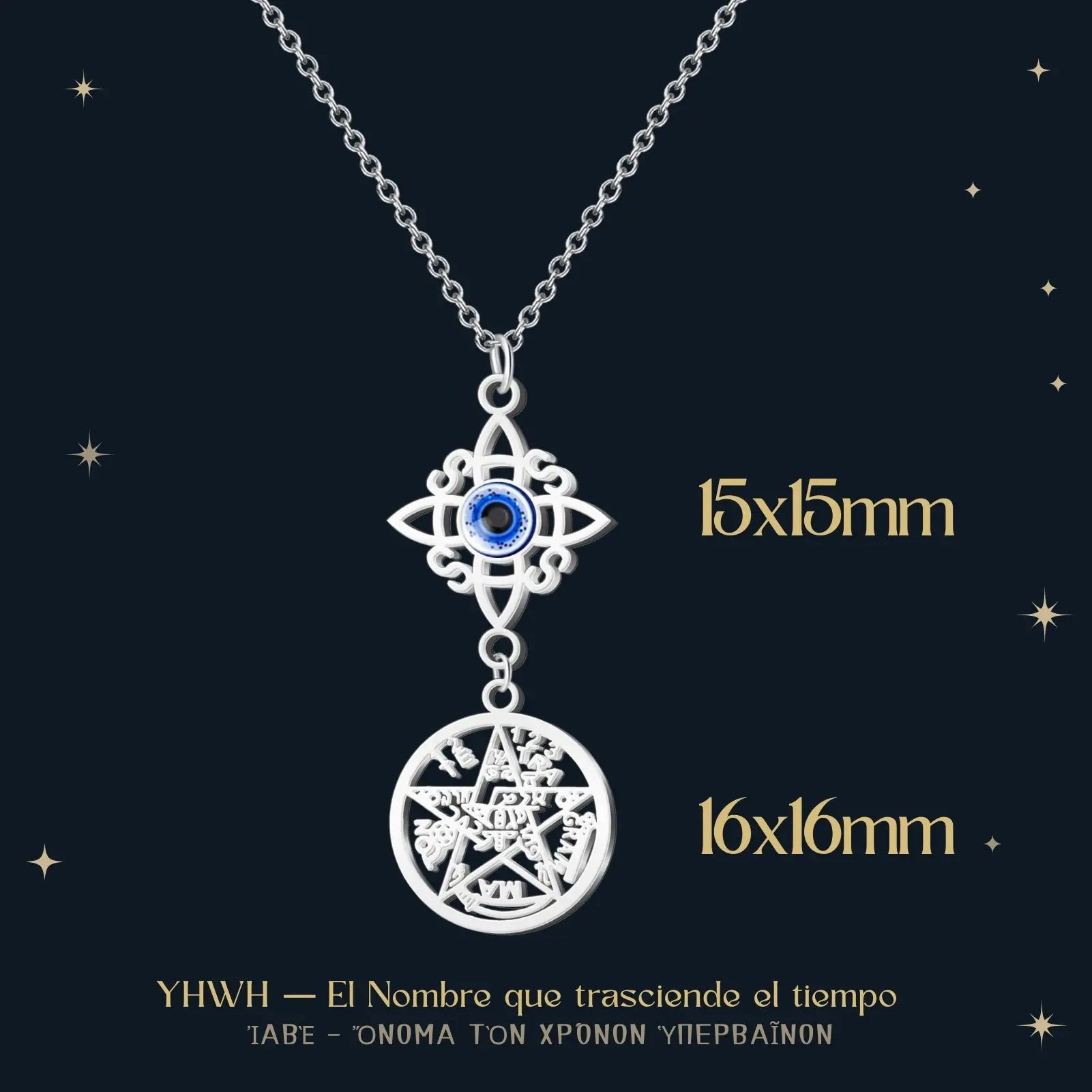 Colgante Tetragrammaton y Nudo de Bruja con Ojo Turco Acero Plateado - cotigo