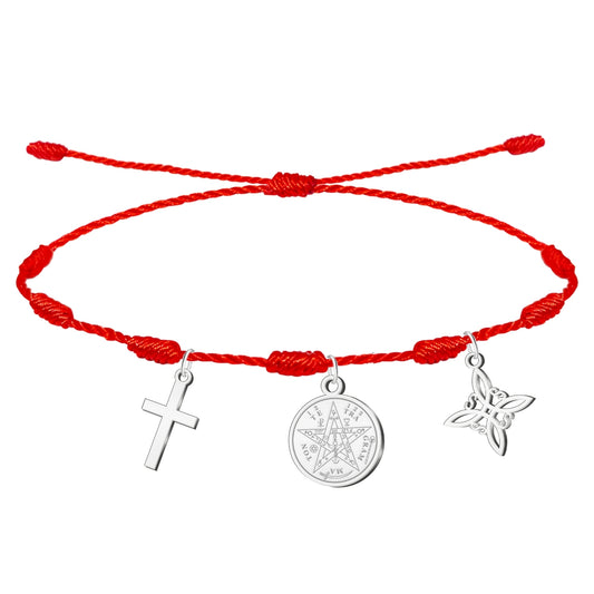 Pulsera 7 nudos con Nudo de Bruja y Tetragramatón, y Cruz Latina Plateado Acero Inoxidable