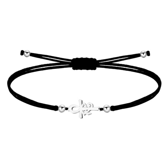 Pulsera de hilo negro liso con un diseño central de la Cruz Egipcia (Ankh) que integra el símbolo del Ojo de Horus, fabricada en acero inoxidable de color plateado con esferas metálicas decorativas y cierre ajustable de nudo corredizo.
