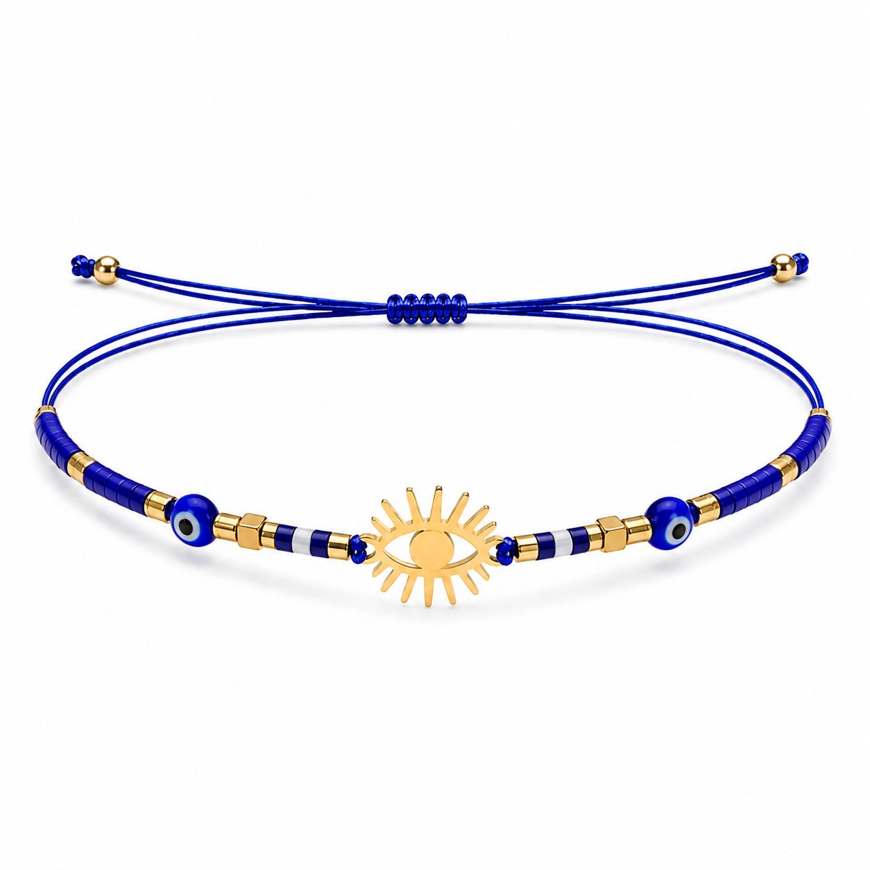 Pulsera Azul con Ojo Turco y Sol Dorado