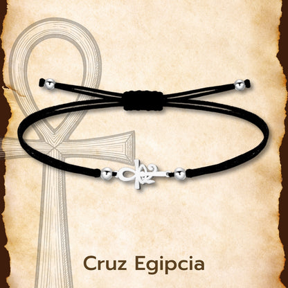 Pulsera Cruz Egipcia y Ojo Horus Plateado de Hilo En.Negro