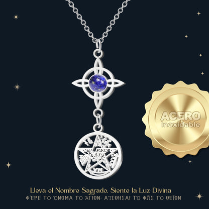 Colgante Tetragrammatón con Nudo de Bruja y Lapislázuli – Amuleto de Protección en Acero Inoxidable
