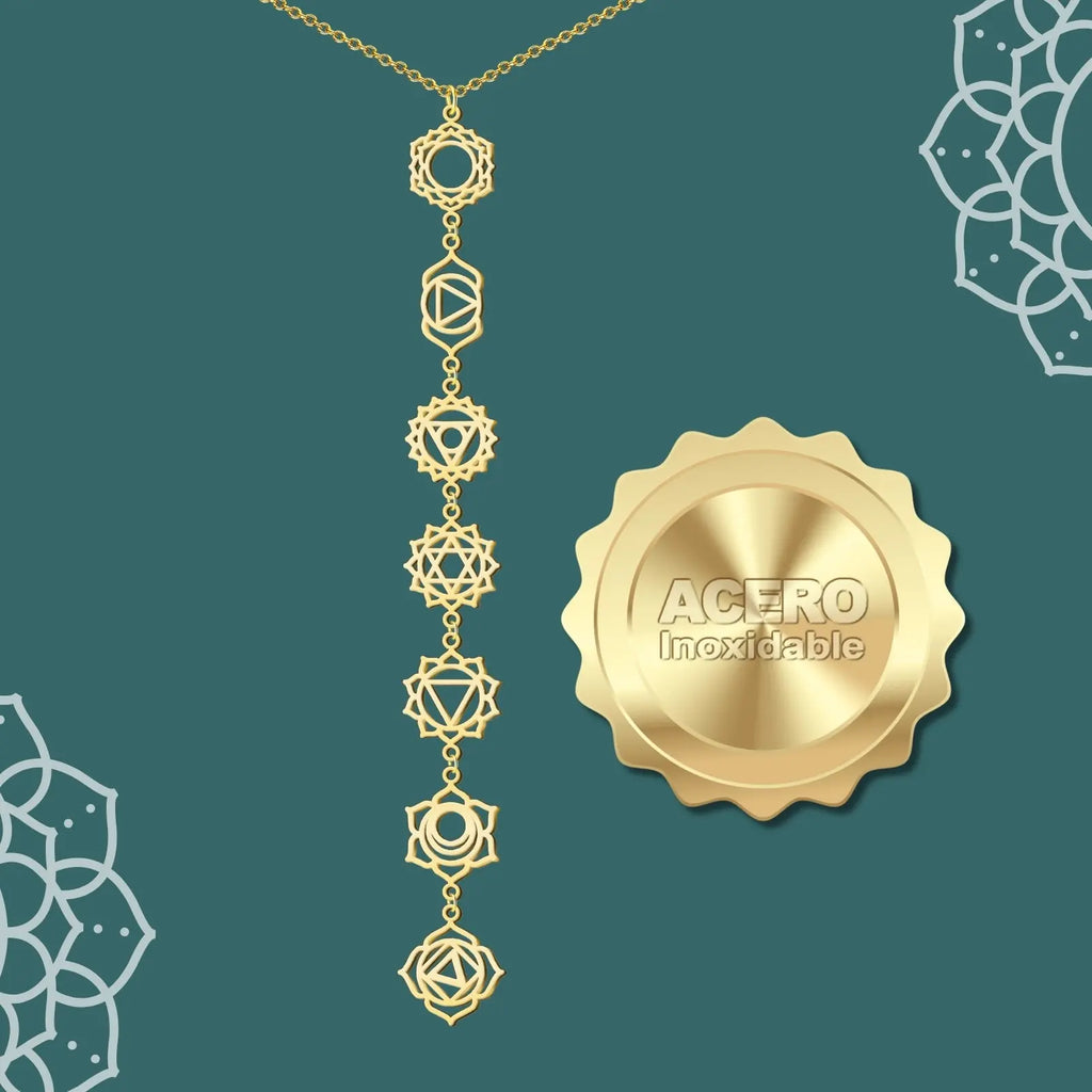 Collar 7 Chakras Acero Inoxidable , color Dorado✨ Amuleto Energético con Regalo Pulsera Nudo de Bruja - cotigo